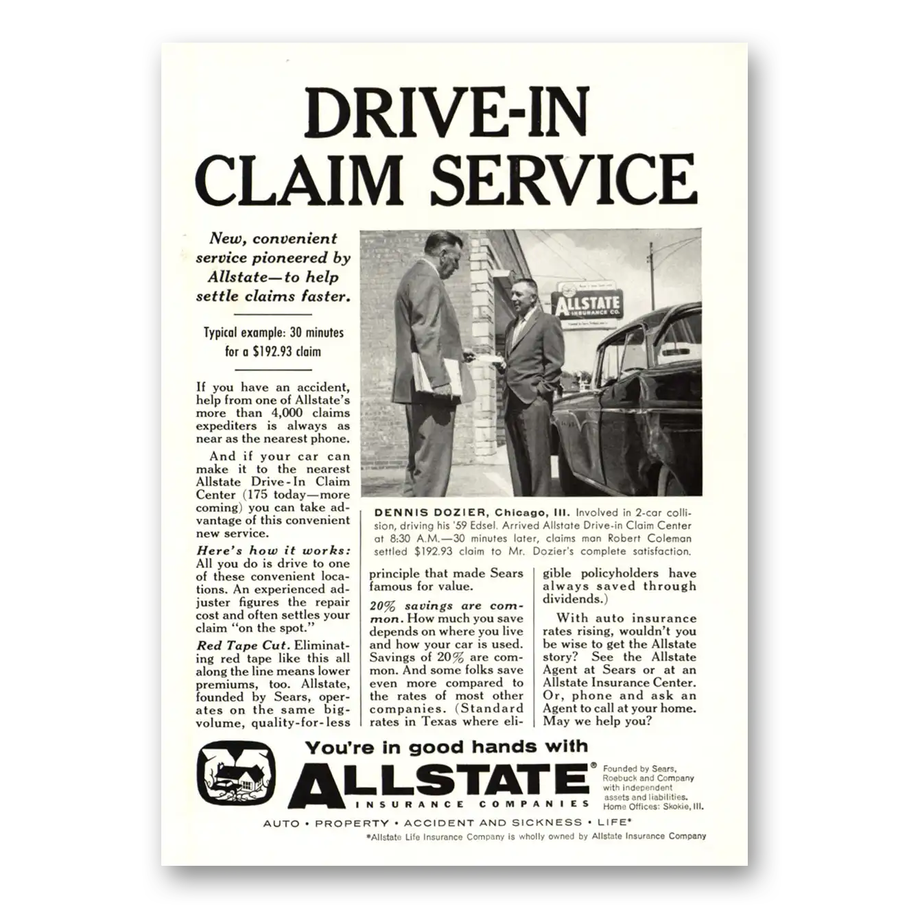 1959 Allstate Insurance Drive In Claim Service Vintage Magazine Print Ad