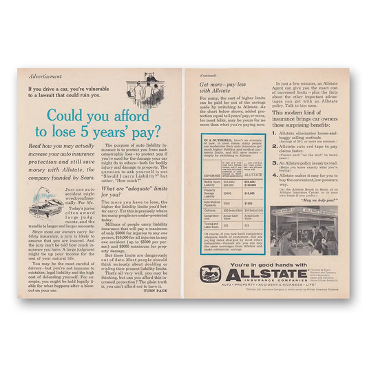 1959 Allstate Insurance Could You Afford to Lose 5 Years Pay Vintage Magazine Print Ad