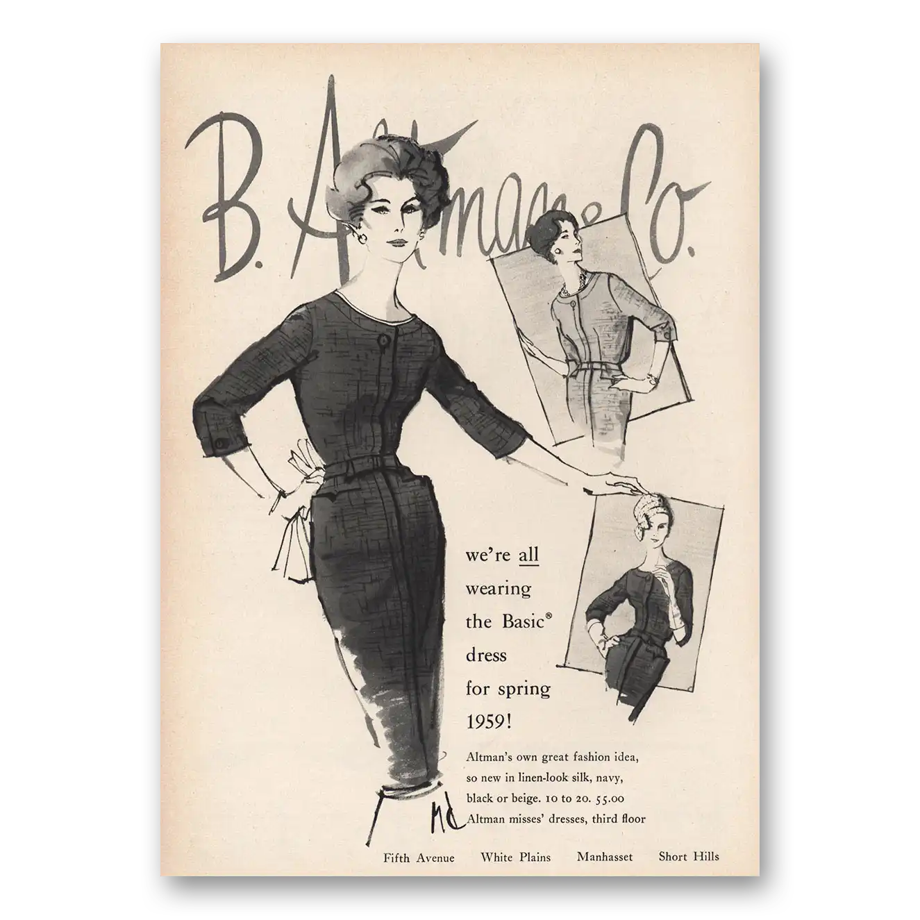 1959 B Altman All Wearing the Basic Dress for Spring Vintage Magazine Print Ad