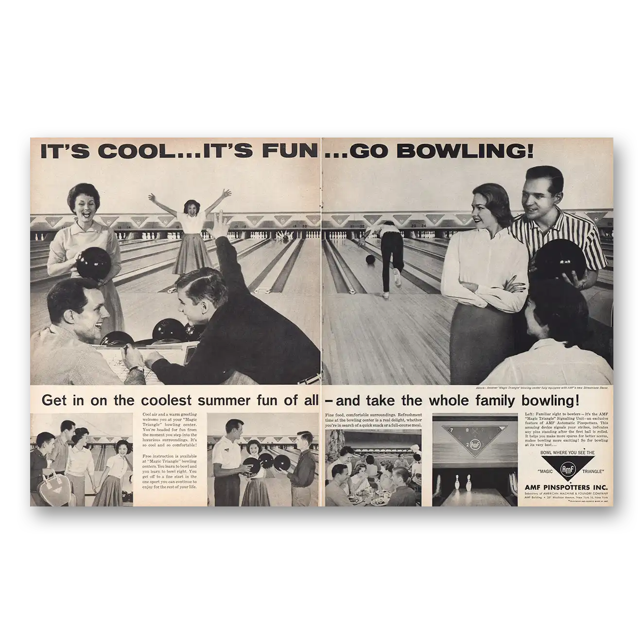 1959 AMF Pinspotters Take Whole Family Bowling Vintage Magazine Print Ad