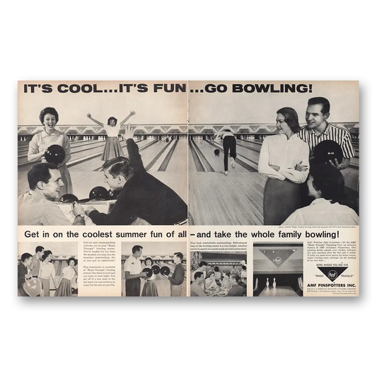 1959 AMF Pinspotters Take Whole Family Bowling Vintage Magazine Print Ad