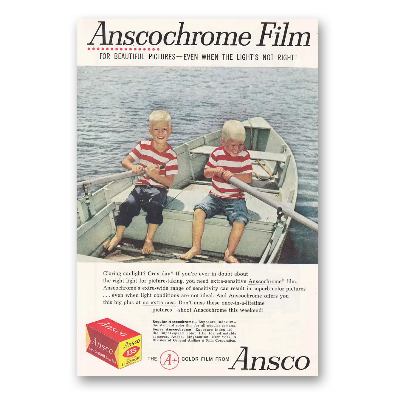 1959 Ansco Film Anscochrome Film Row Boat Vintage Magazine Print Ad