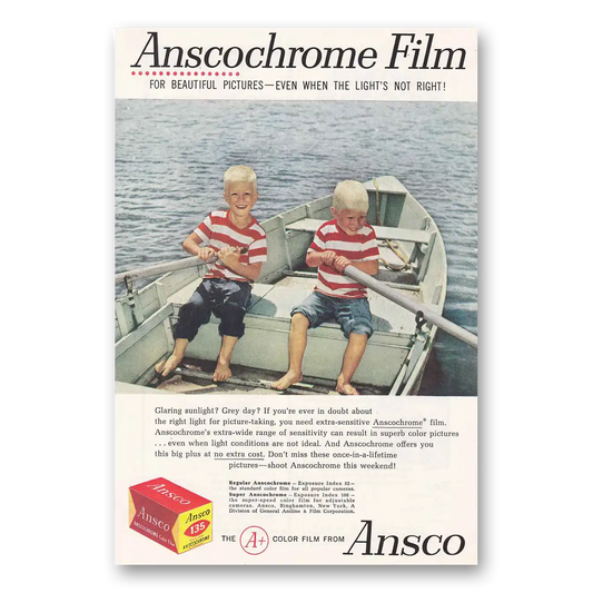 1959 Ansco Film Anscochrome Film Row Boat Vintage Magazine Print Ad