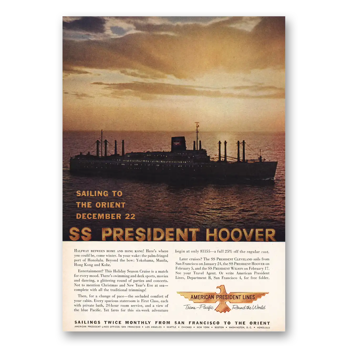 1959 American President Lines SS President Hoover December 22 Vintage Magazine Print Ad