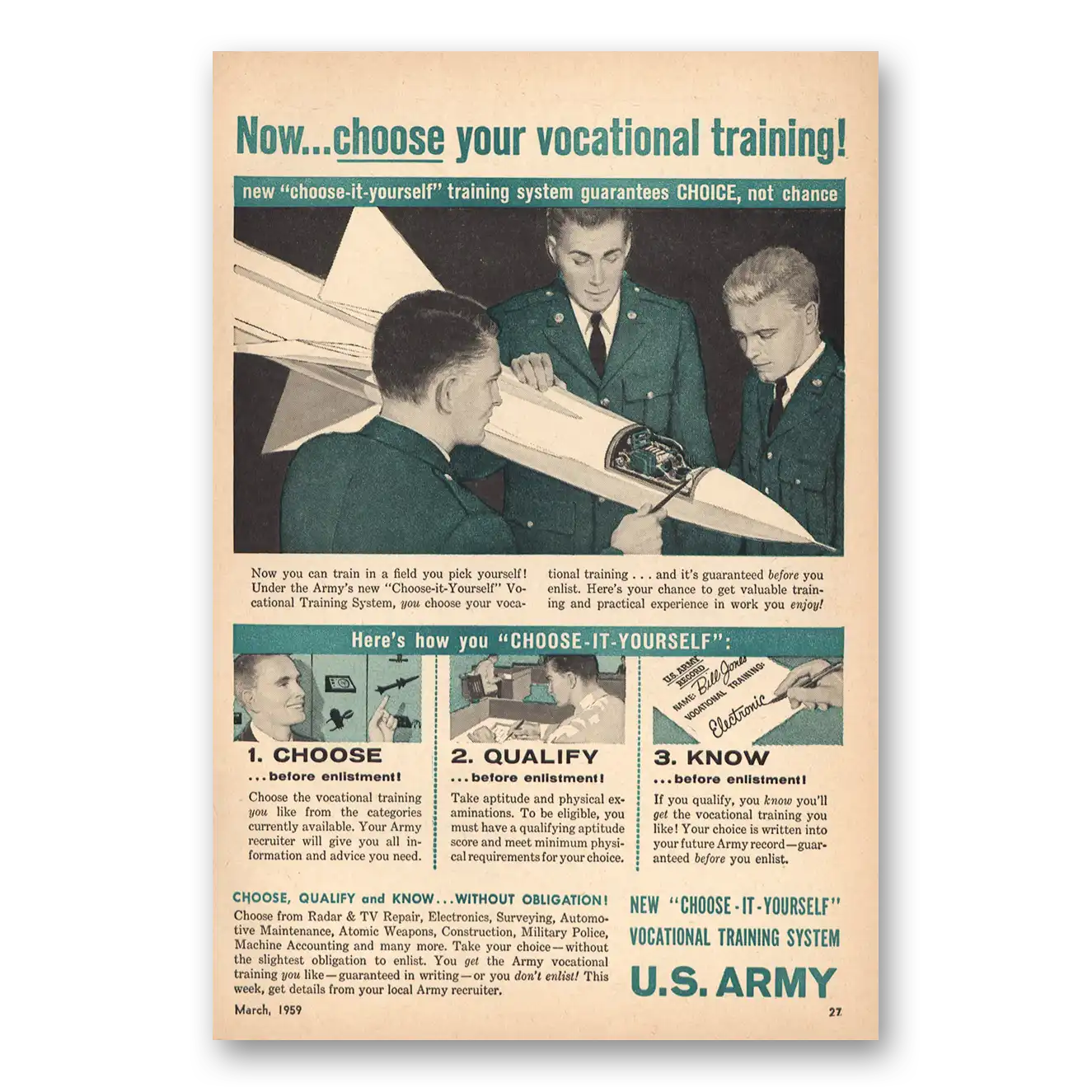 1959 US Army Vocational Training Vintage Magazine Print Ad