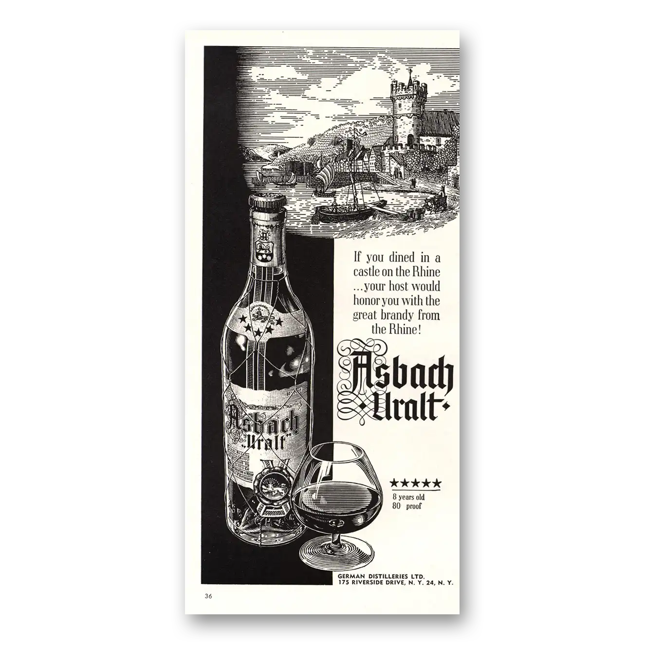 1959 Asbach Uralt You Dined In a Castle On the Rhine Vintage Magazine Print Ad