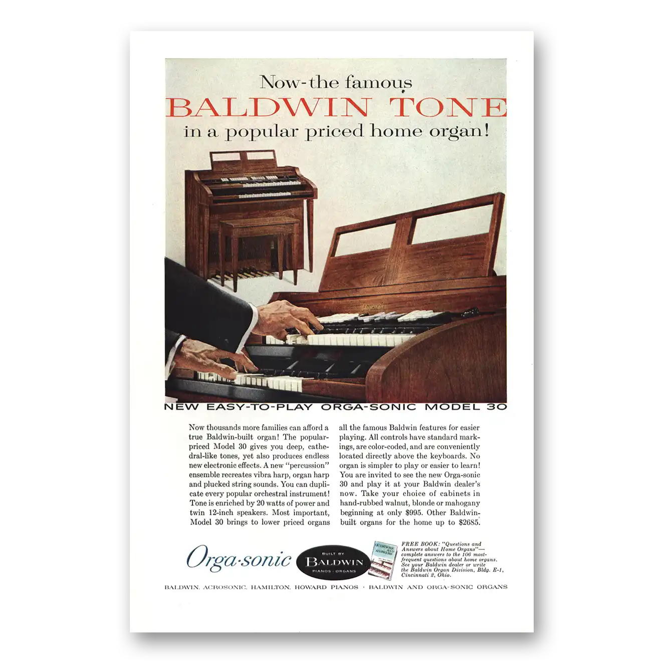 1959 Baldwin Orgasonic Organ Popular Priced Home Organ Vintage Magazine Print Ad