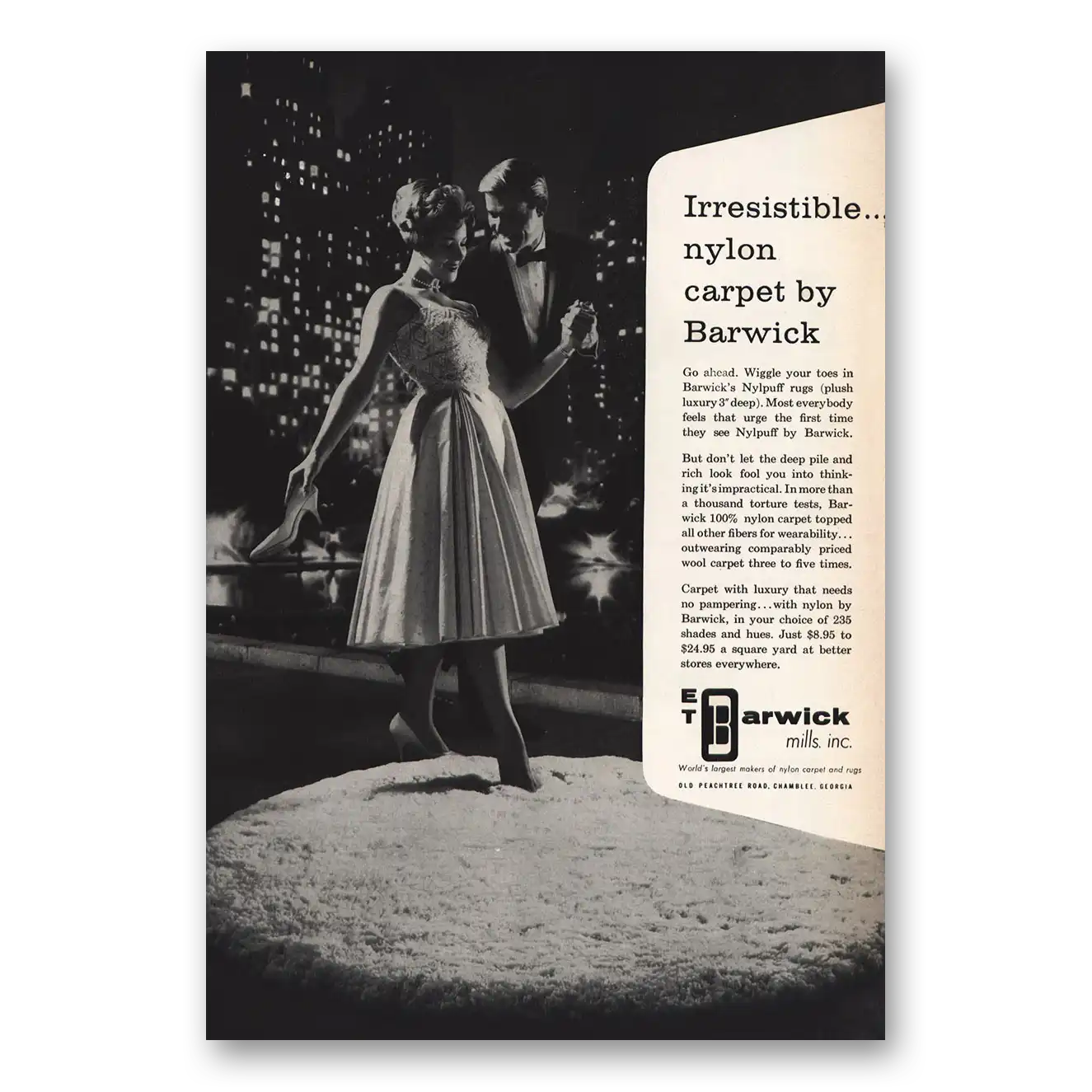 1959 Barwick Mills Carpet Irresistible Nylon Carpet Vintage Magazine Print Ad