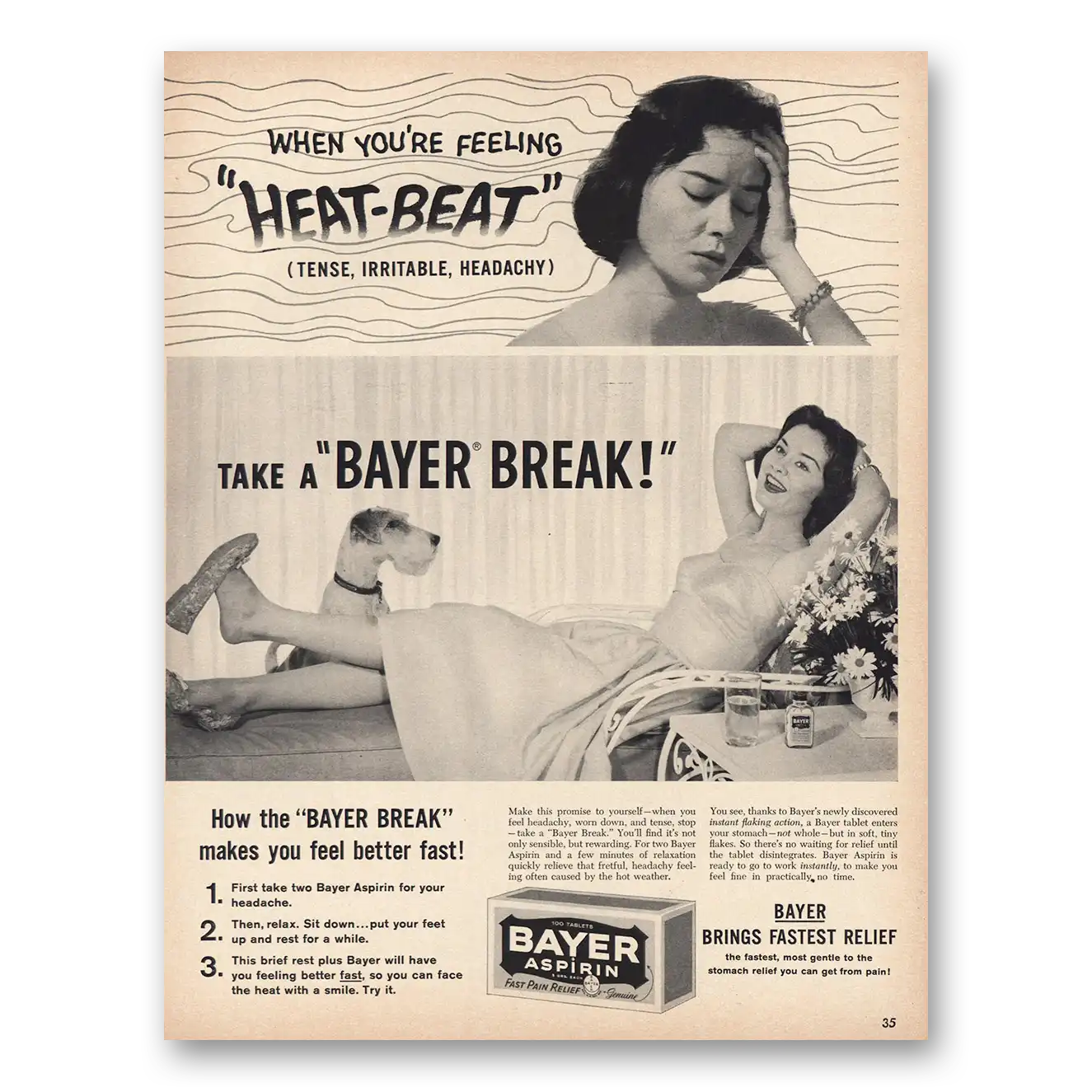 1959 Bayer Aspirin Heat Beat Vintage Magazine Print Ad