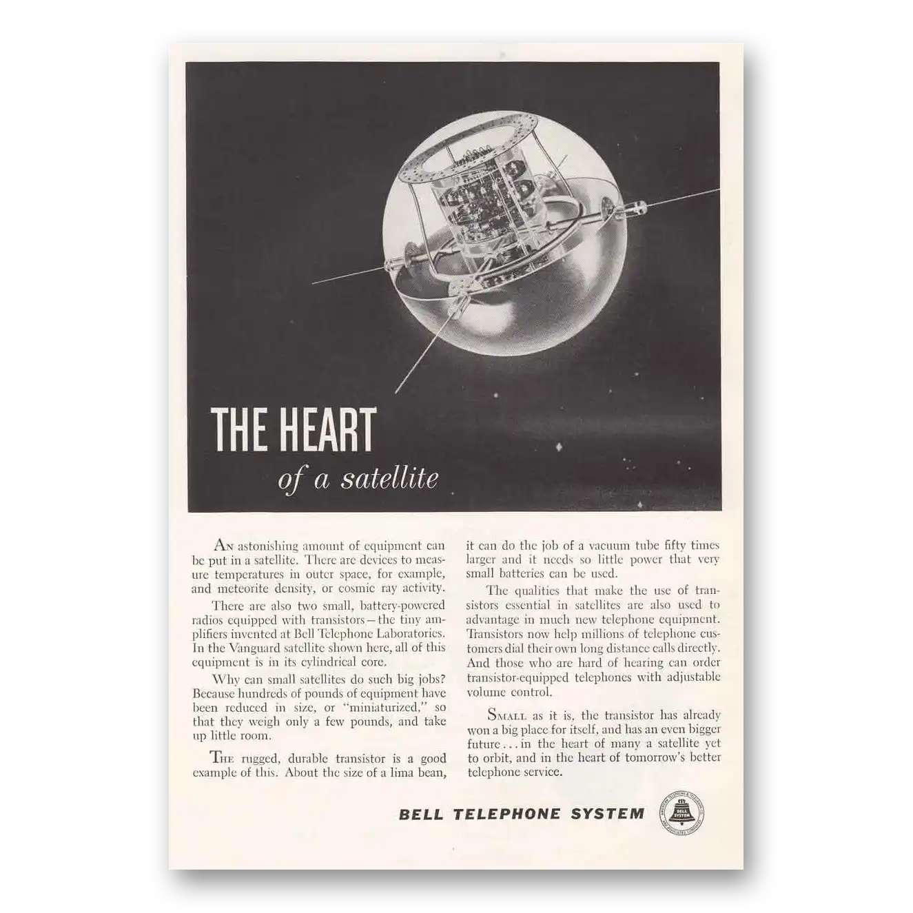 1959 Bell Telephone Heart of Satellite Vintage Magazine Print Ad