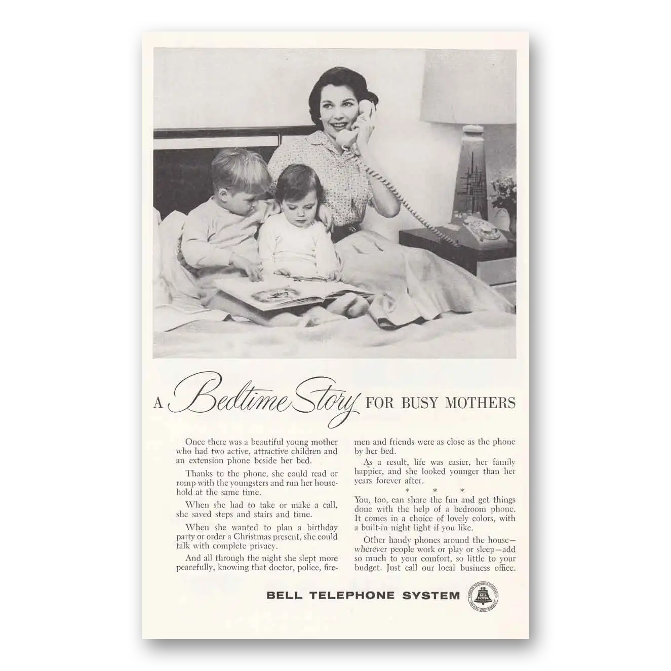 1959 Bell Telephone Bedtime Story for Busy Mothers Vintage Magazine Print Ad