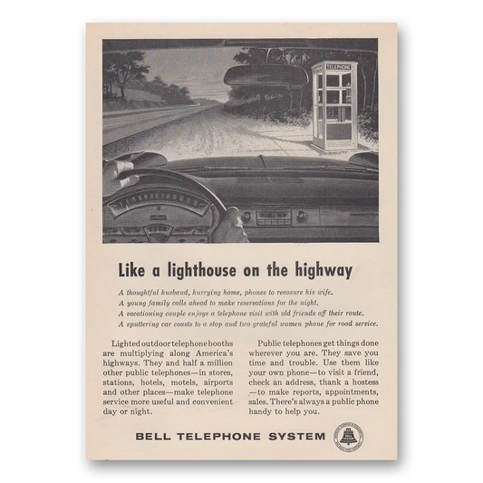 1959 Bell Telephone Like Lighthouse On the Highway Vintage Magazine Print Ad