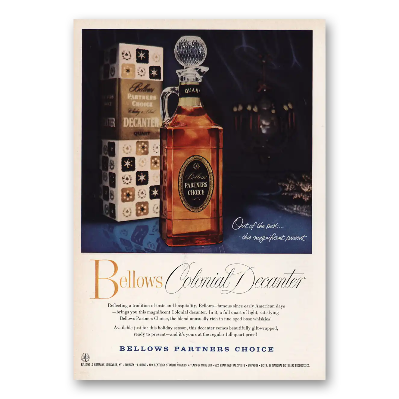 1959 Bellows Partners Choice Colonial Decanter Vintage Magazine Print Ad