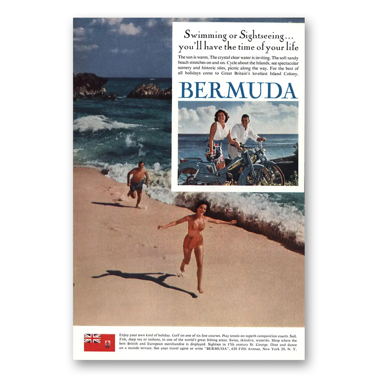 1959 Bermuda Swimming or Sightseeing Vintage Magazine Print Ad