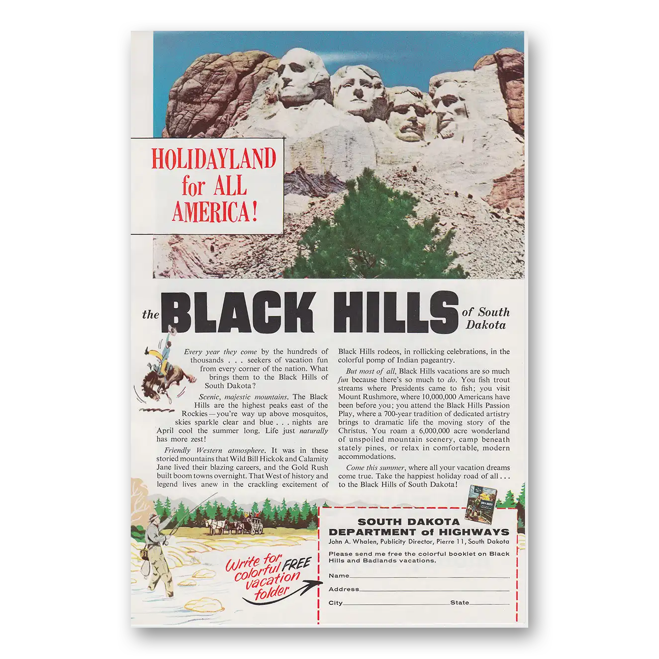 1959 South Dakota Black Hills Holidayland for All America Mount Rushmore Vintage Magazine Print Ad