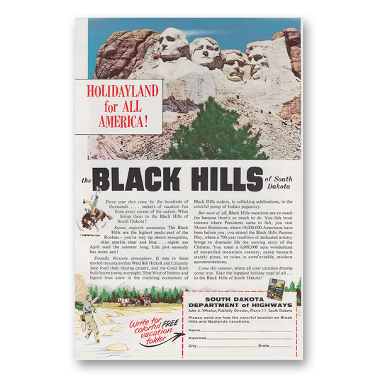 1959 South Dakota Black Hills Holidayland for All America Mount Rushmore Vintage Magazine Print Ad