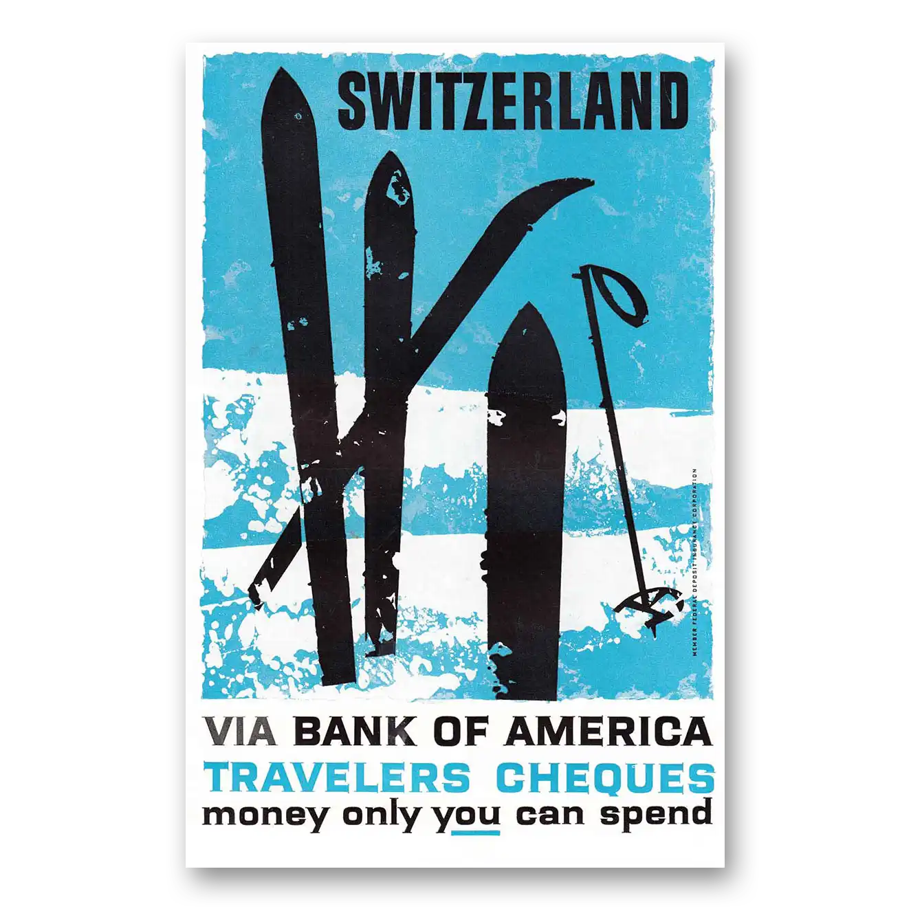 1959 Bank of America Travelers Cheques Switzerland Vintage Magazine Print Ad