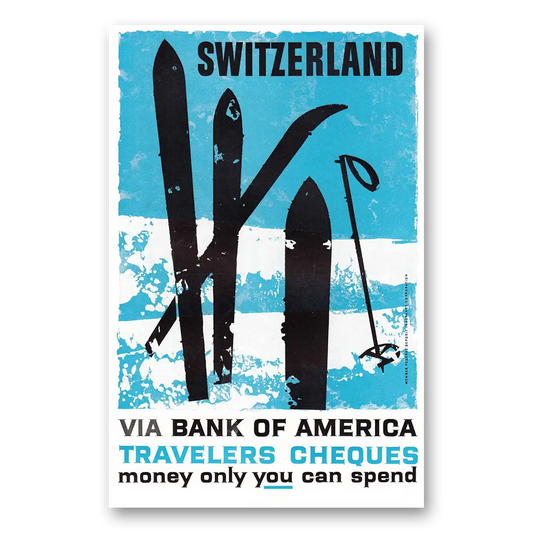 1959 Bank of America Travelers Cheques Switzerland Vintage Magazine Print Ad