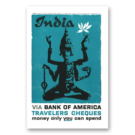 1959 Bank of America Travelers Cheques India Vintage Magazine Print Ad