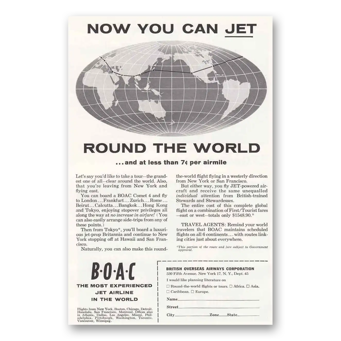 1959 British Airways BOAC Round the World Vintage Magazine Print Ad