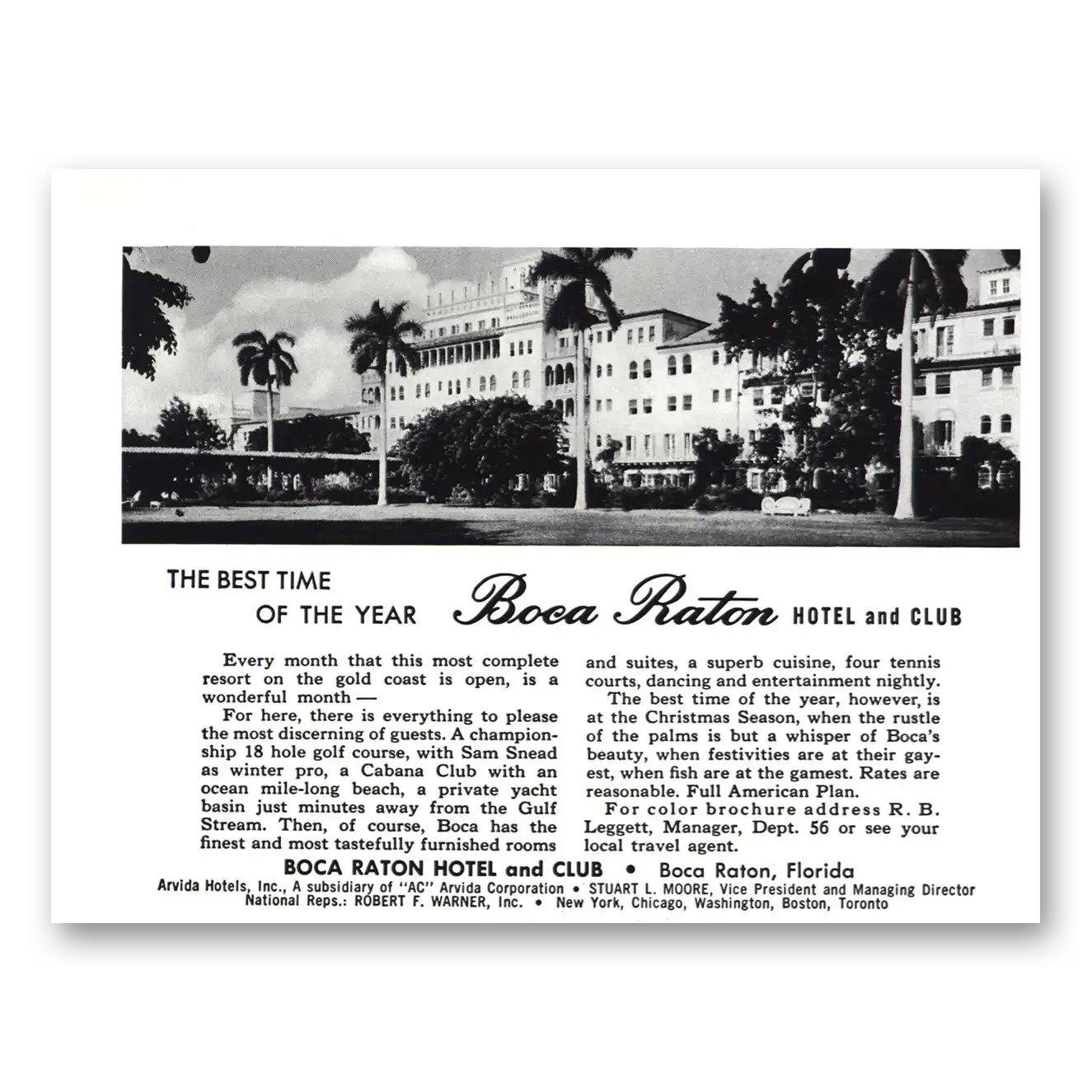 1959 Boca Raton Hotel and Club Best Time of the Year Vintage Magazine Print Ad