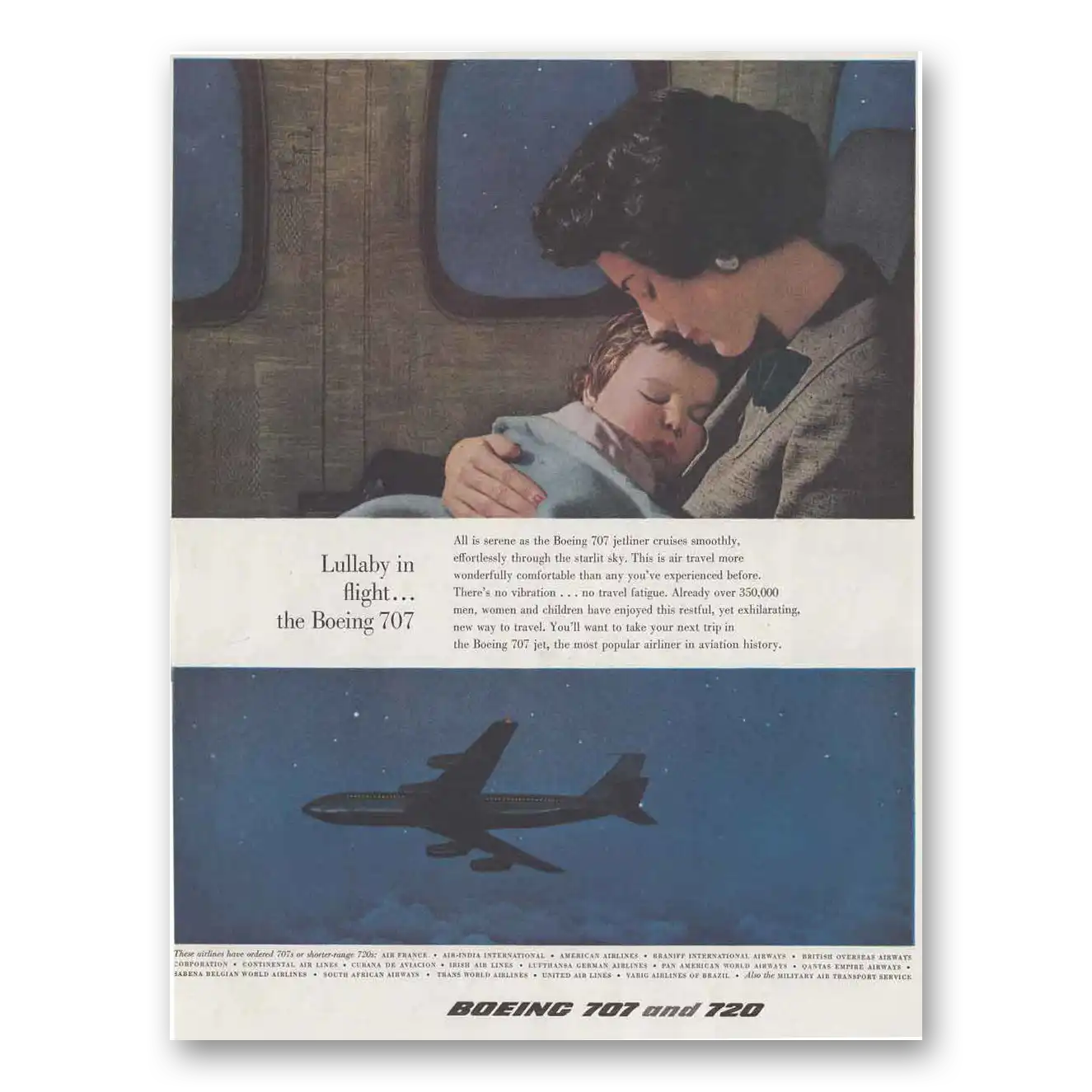 1959 Boeing 707 Lullaby in Flight Vintage Magazine Print Ad