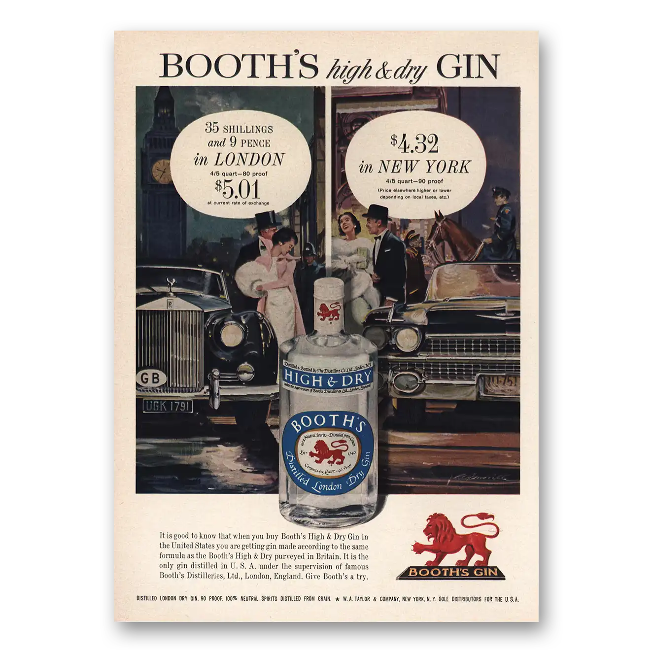 1959 Booths Gin 35 Shillings 9 Pence London Vintage Magazine Print Ad