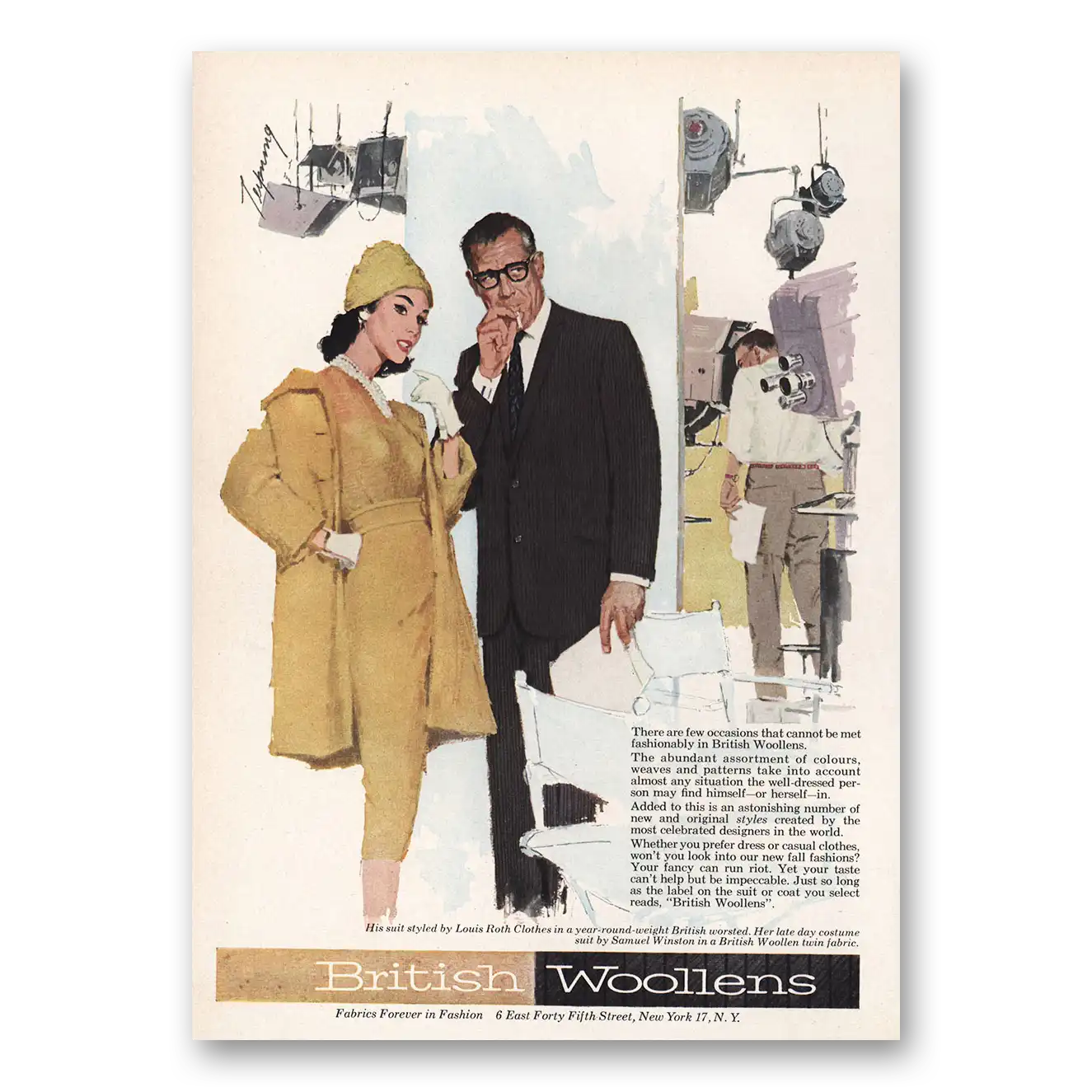 1959 British Woollens Styled By Louis Roth Clothes and Samuel Winston Vintage Magazine Print Ad