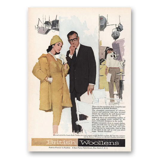 1959 British Woollens Styled By Louis Roth Clothes and Samuel Winston Vintage Magazine Print Ad