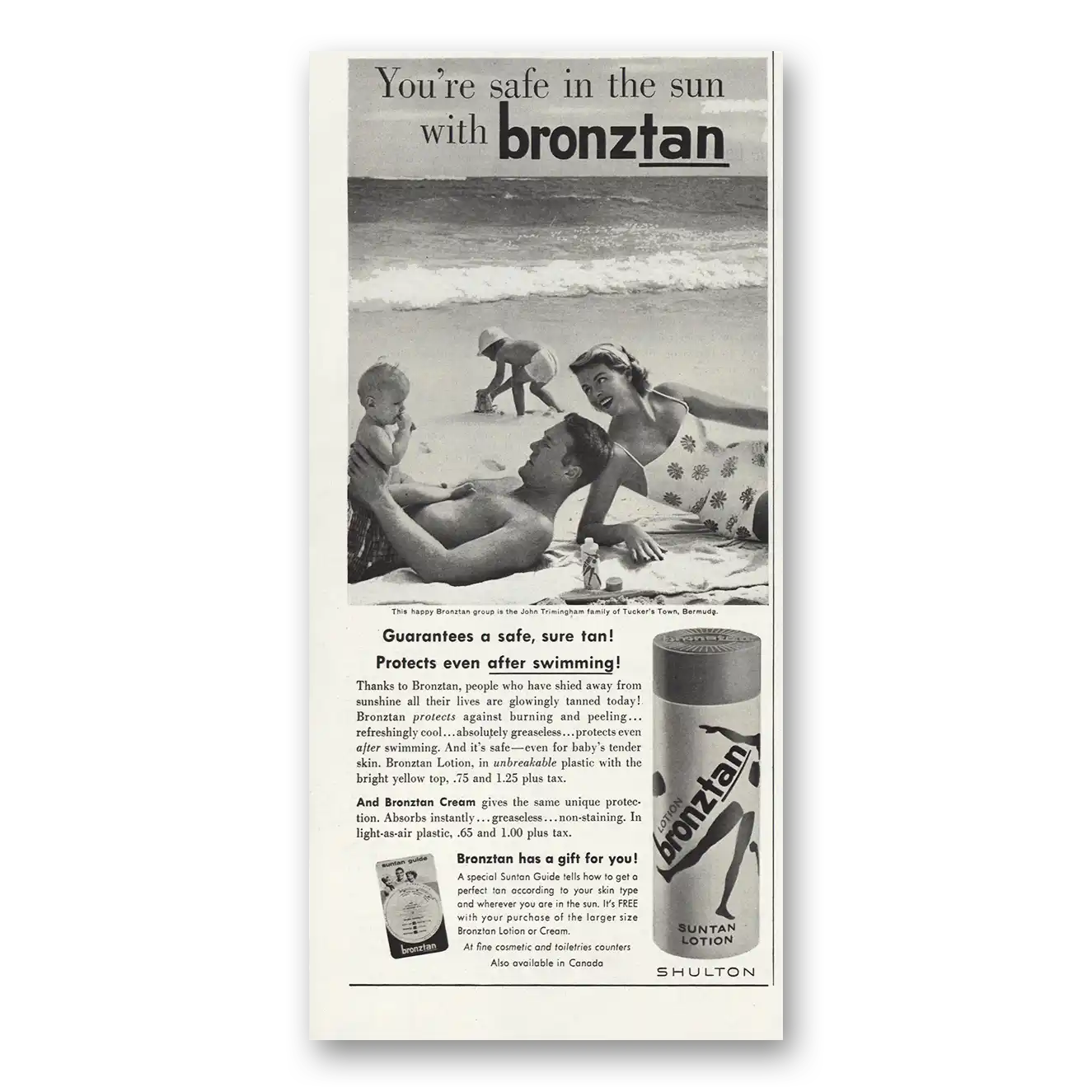 1959 Bronztan Safe in the Sun Vintage Magazine Print Ad