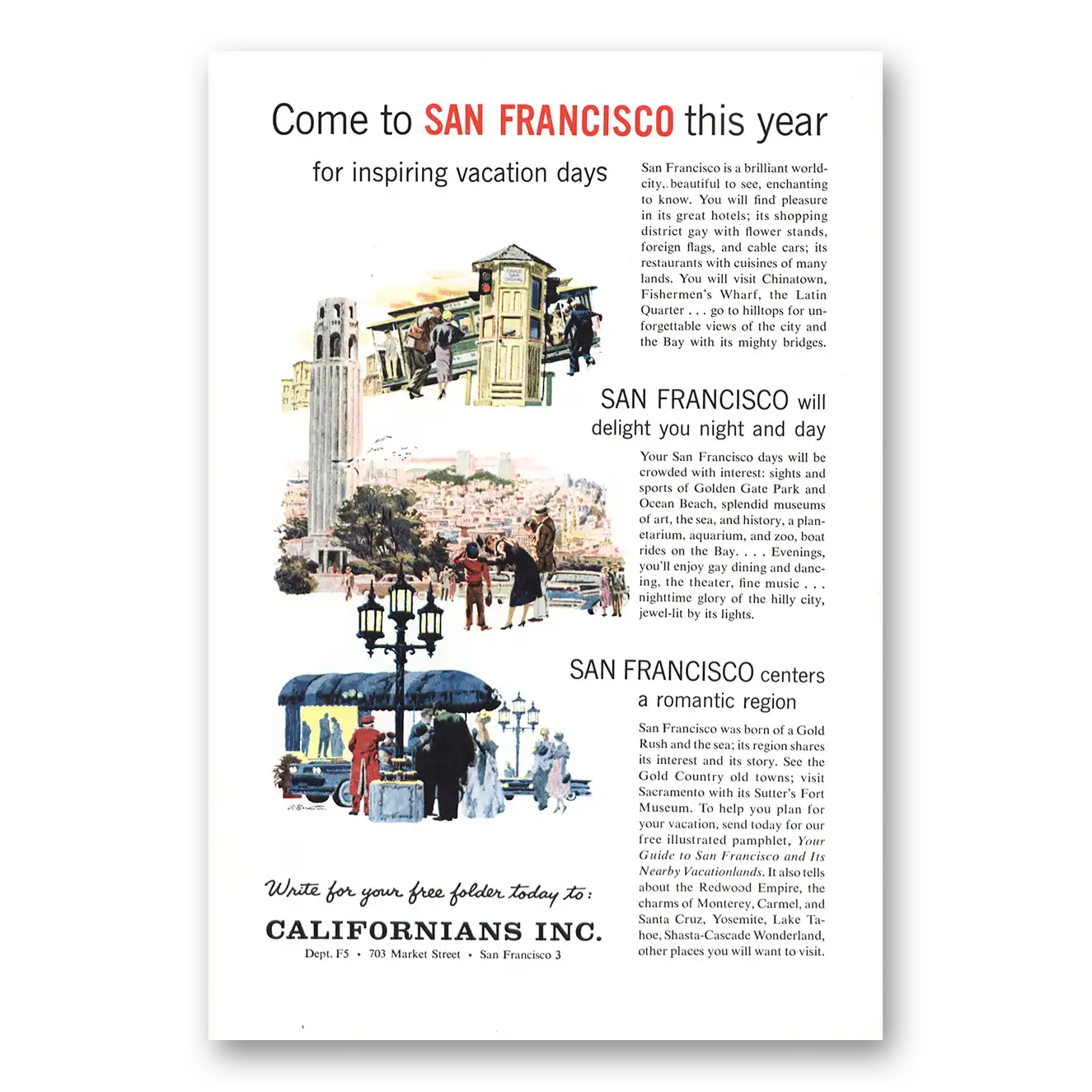 1959 San Francisco California Inspiring Vacation Vintage Magazine Print Ad