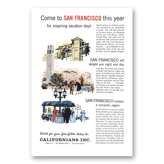 1959 San Francisco California Inspiring Vacation Vintage Magazine Print Ad