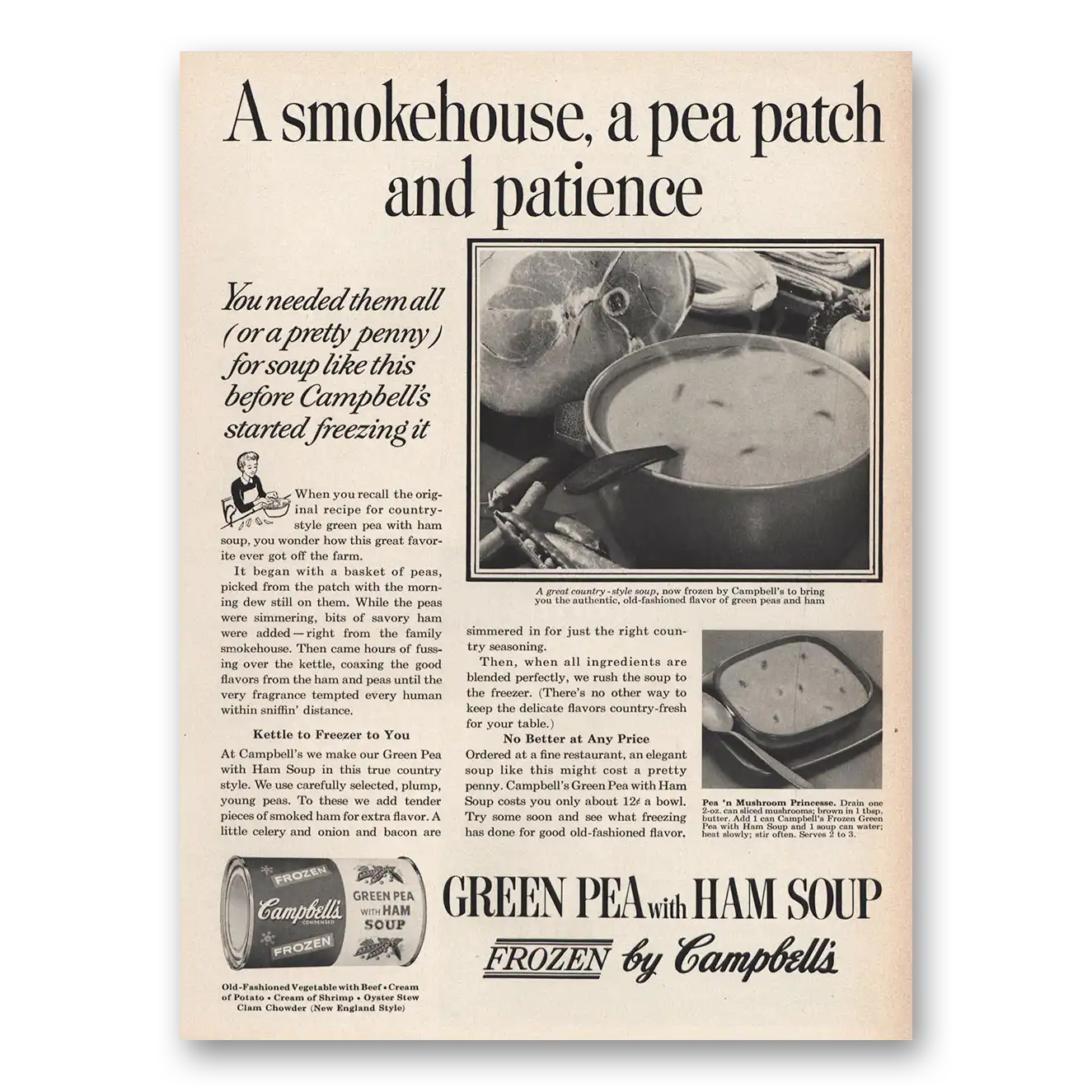 1959 Campbells Pea Soup Frozen Soup Green Pea With Ham Vintage Magazine Print Ad