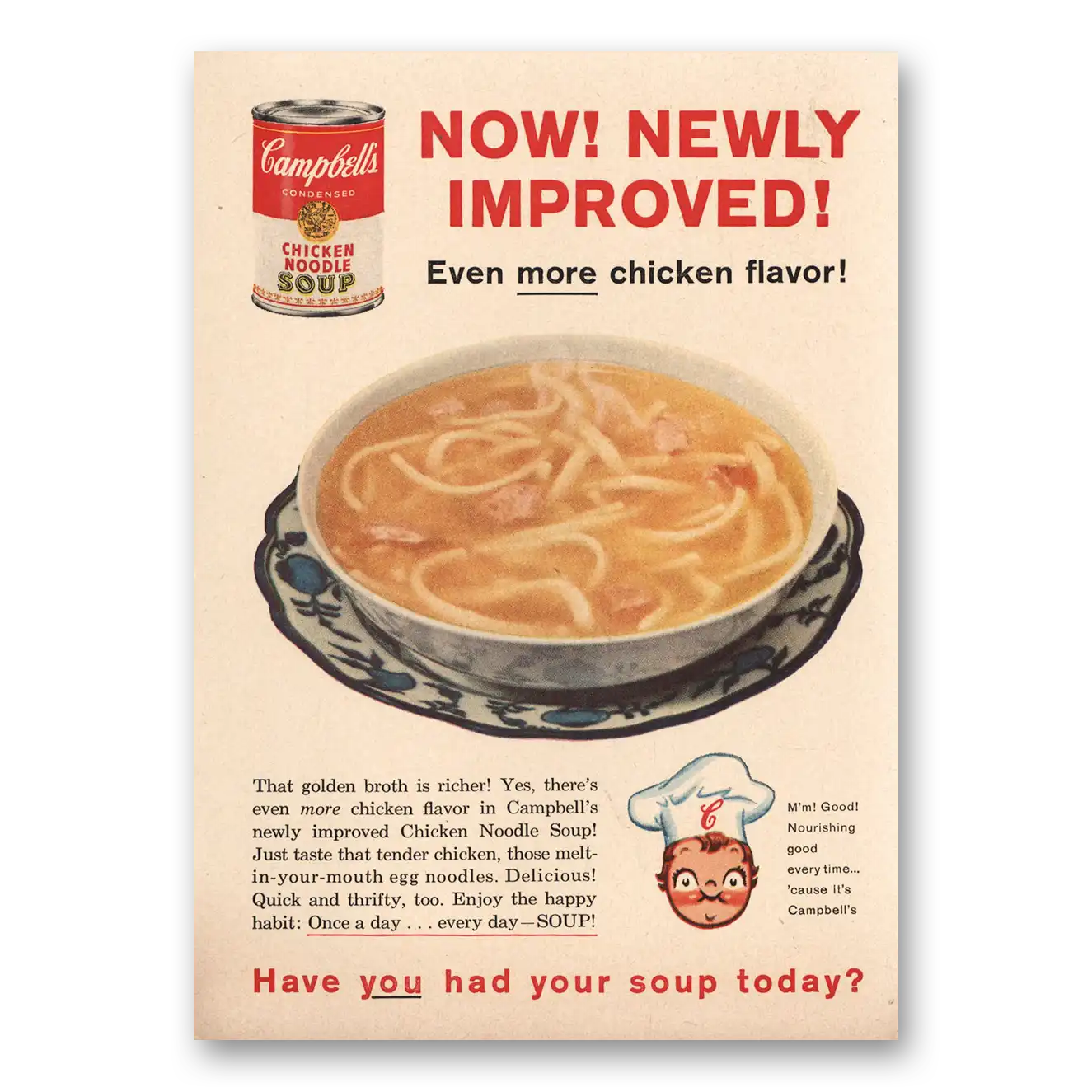 1959 Campbells Chicken Noodle Soup Newly Improved Vintage Magazine Print Ad