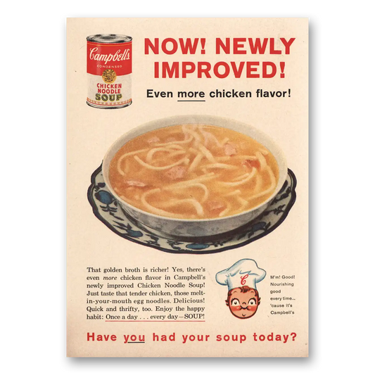 1959 Campbells Chicken Noodle Soup Newly Improved Vintage Magazine Print Ad