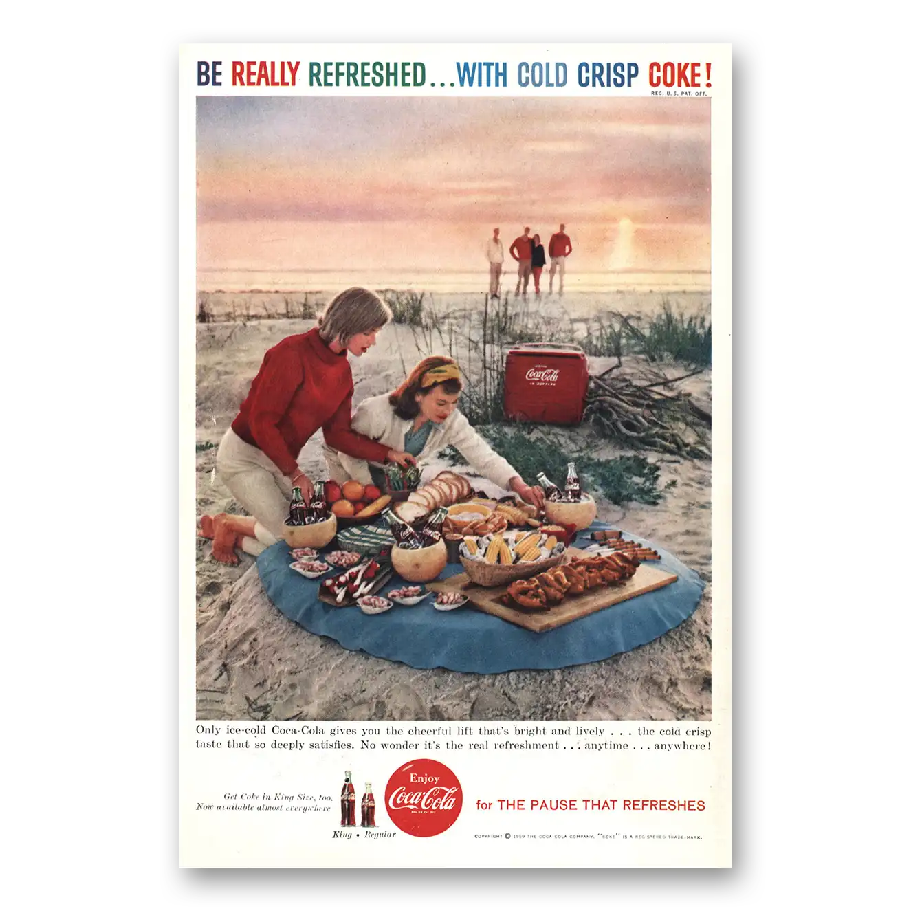 1959 Coca Cola Cheerful Lift Beach Picnic Vintage Magazine Print Ad