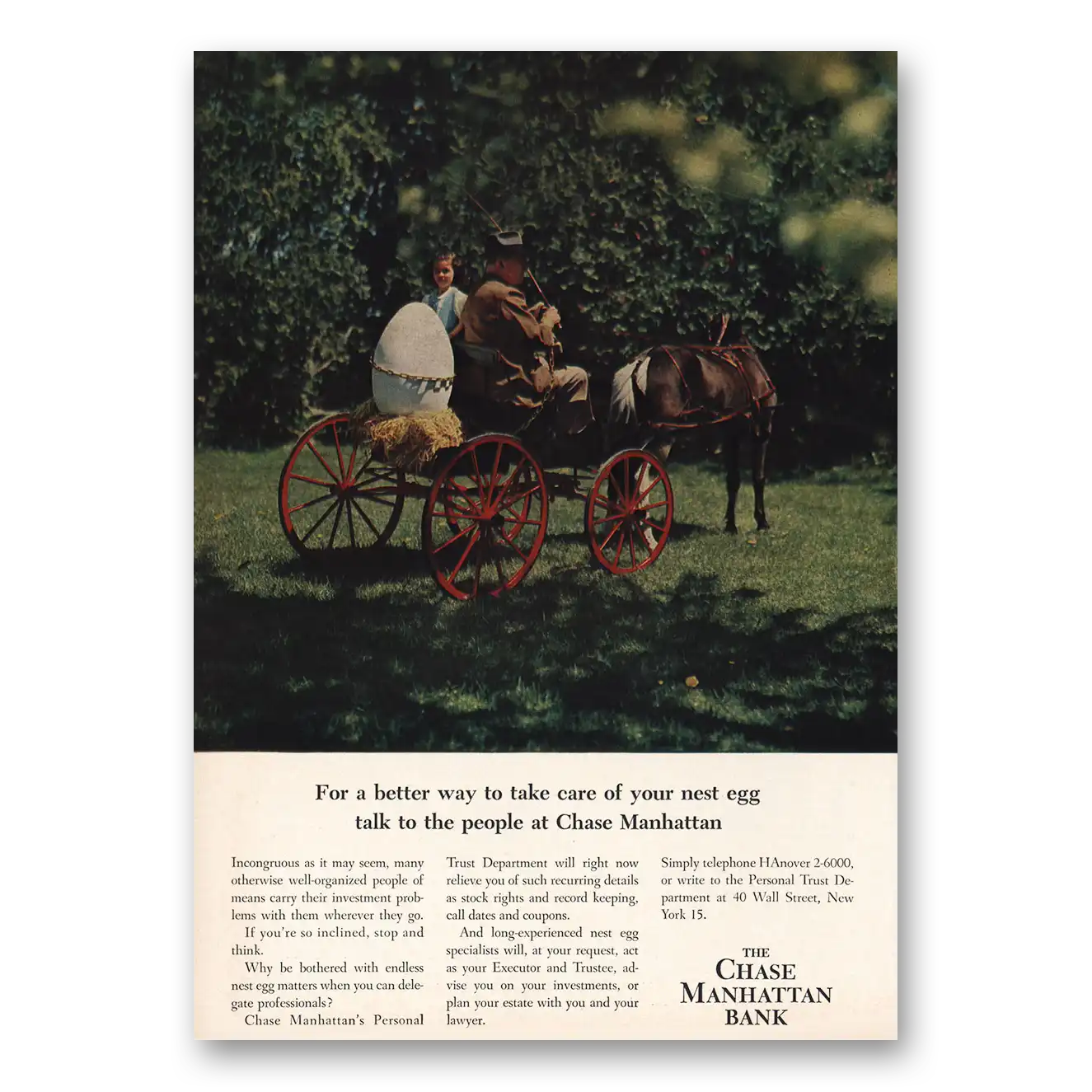 1959 Chase Manhattan Bank Nest Egg Horse Vintage Magazine Print Ad