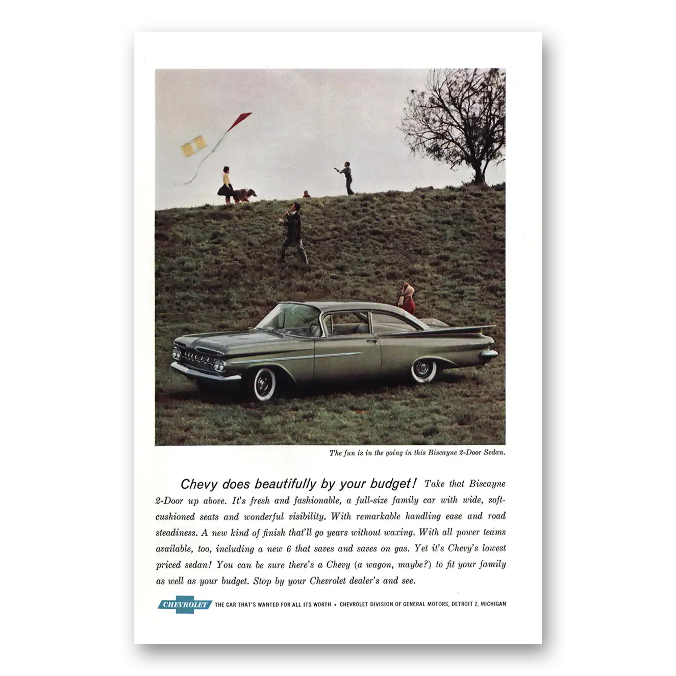 1959 Chevrolet Biscayne Does Beautifully By Your Budget Kite Flying Vintage Magazine Print Ad