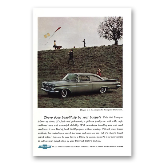 1959 Chevrolet Biscayne Does Beautifully By Your Budget Kite Flying Vintage Magazine Print Ad