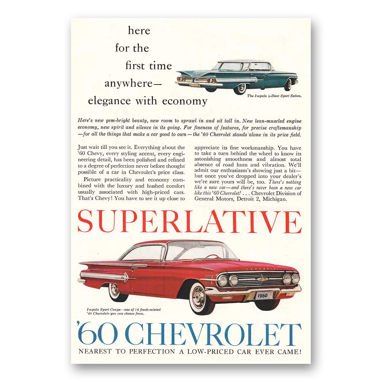 1960 Chevrolet Impala Superlative 60 Chevrolet Vintage Magazine Print Ad