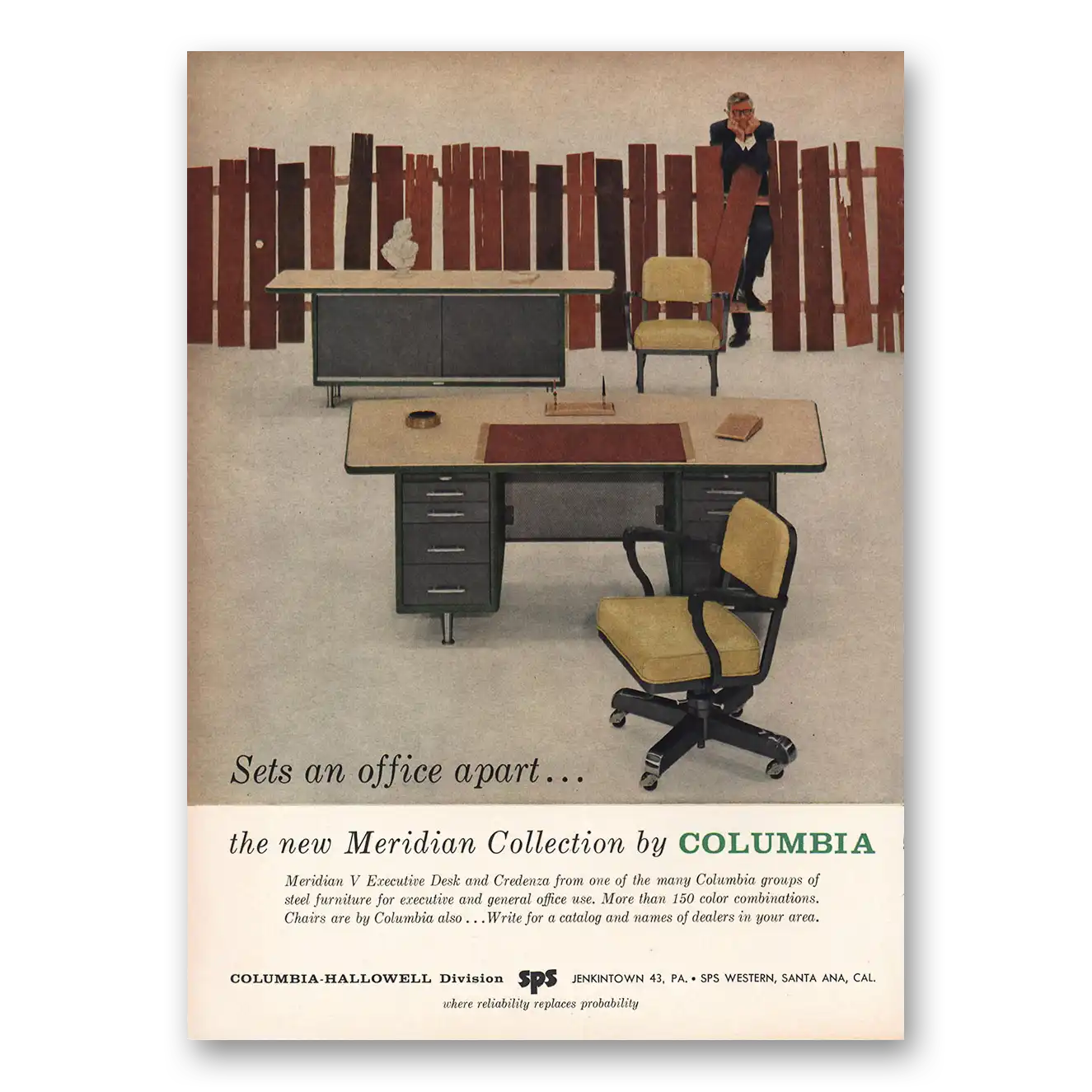 1959 Columbia Hallowell Office Furniture Sets an Office Apart Meridian Collection Vintage Magazine Print Ad