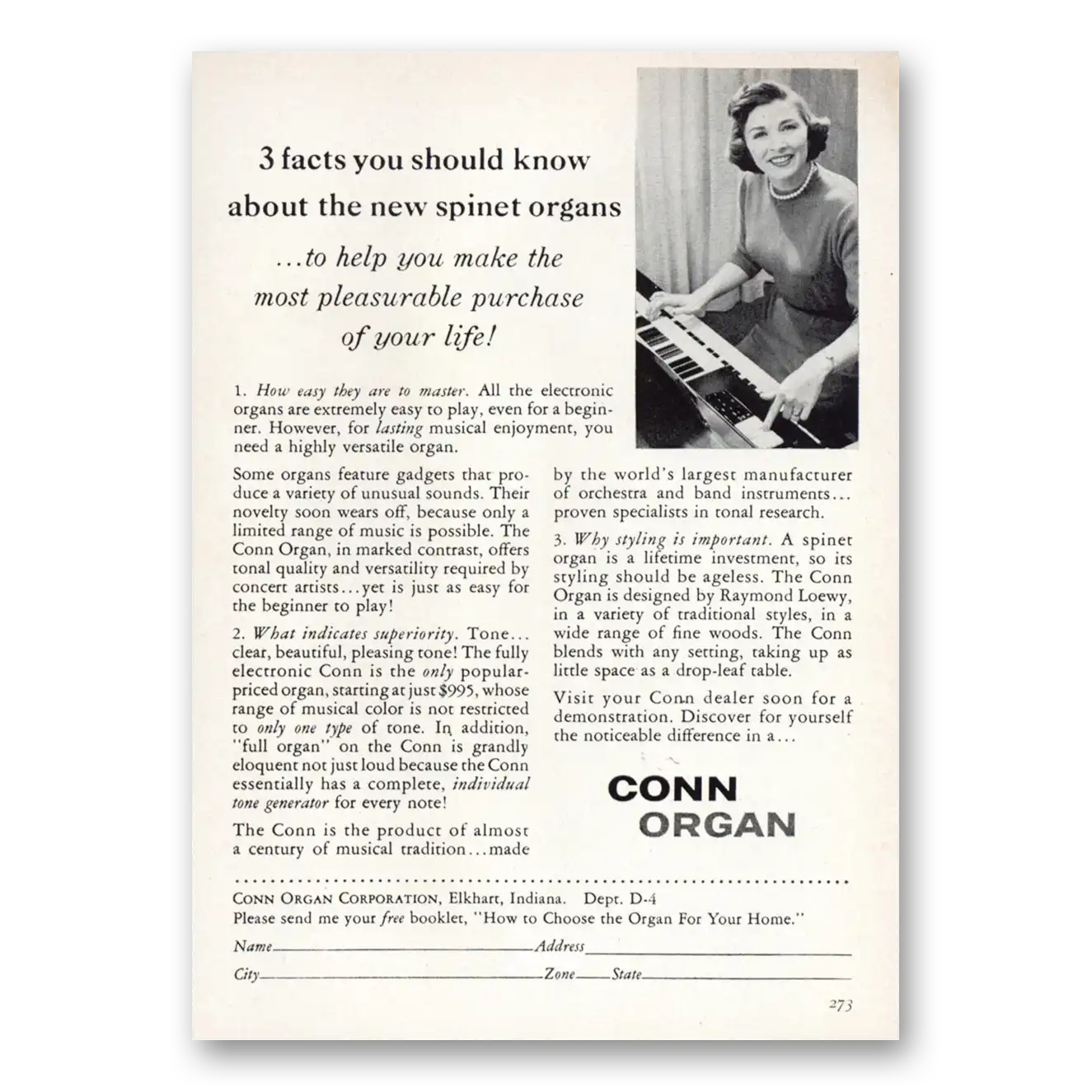 1959 Conn Organ Spinet Organs Vintage Magazine Print Ad