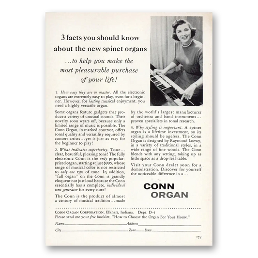 1959 Conn Organ Spinet Organs Vintage Magazine Print Ad