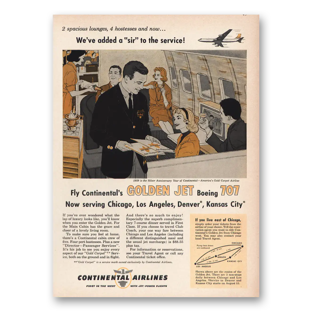 1959 Continental Airlines Added Sir to Service Boeing 707 Vintage Magazine Print Ad