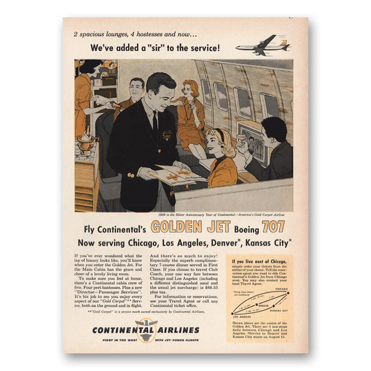 1959 Continental Airlines Added Sir to Service Boeing 707 Vintage Magazine Print Ad