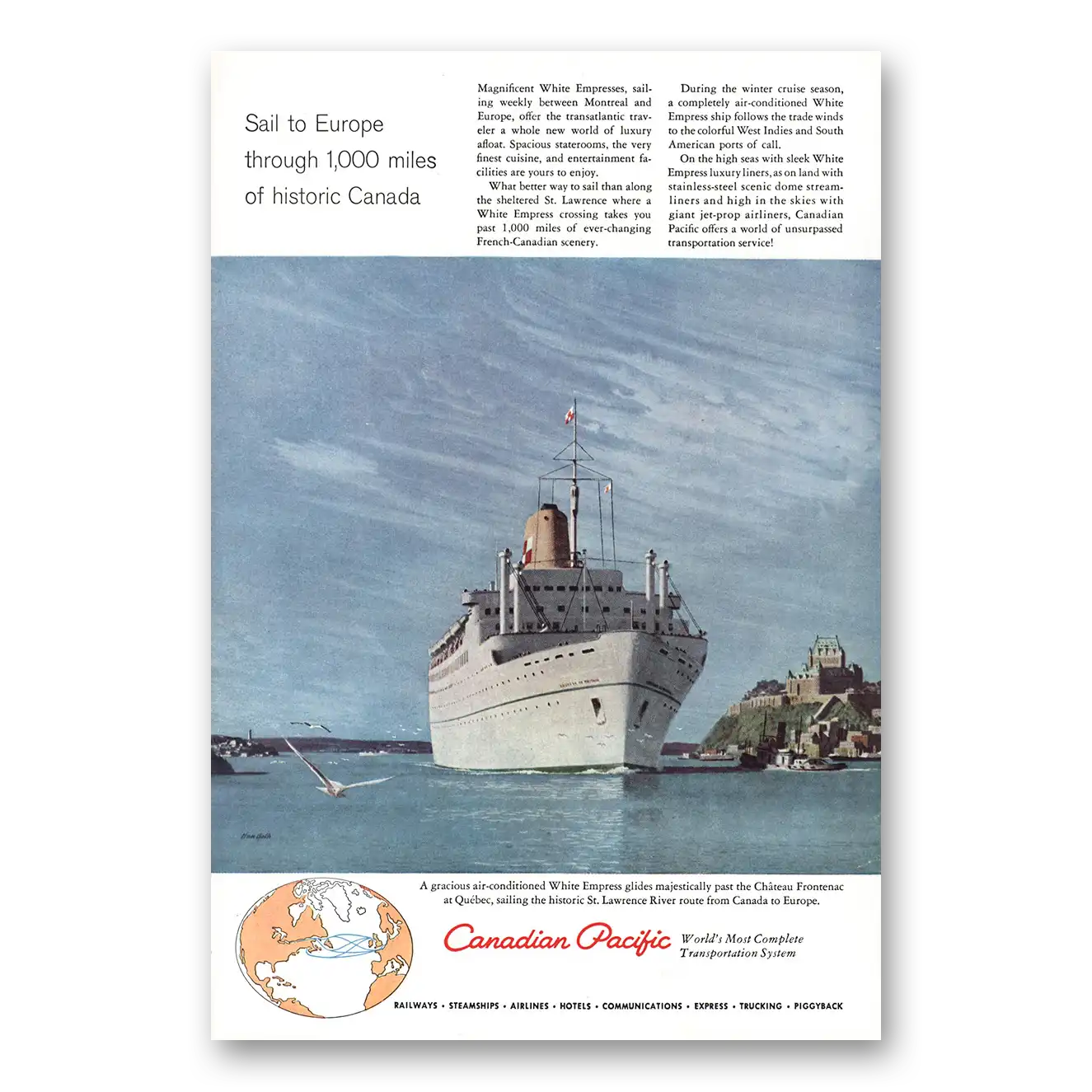 1959 Canadian Pacific White Empress Sail to Europe Vintage Magazine Print Ad