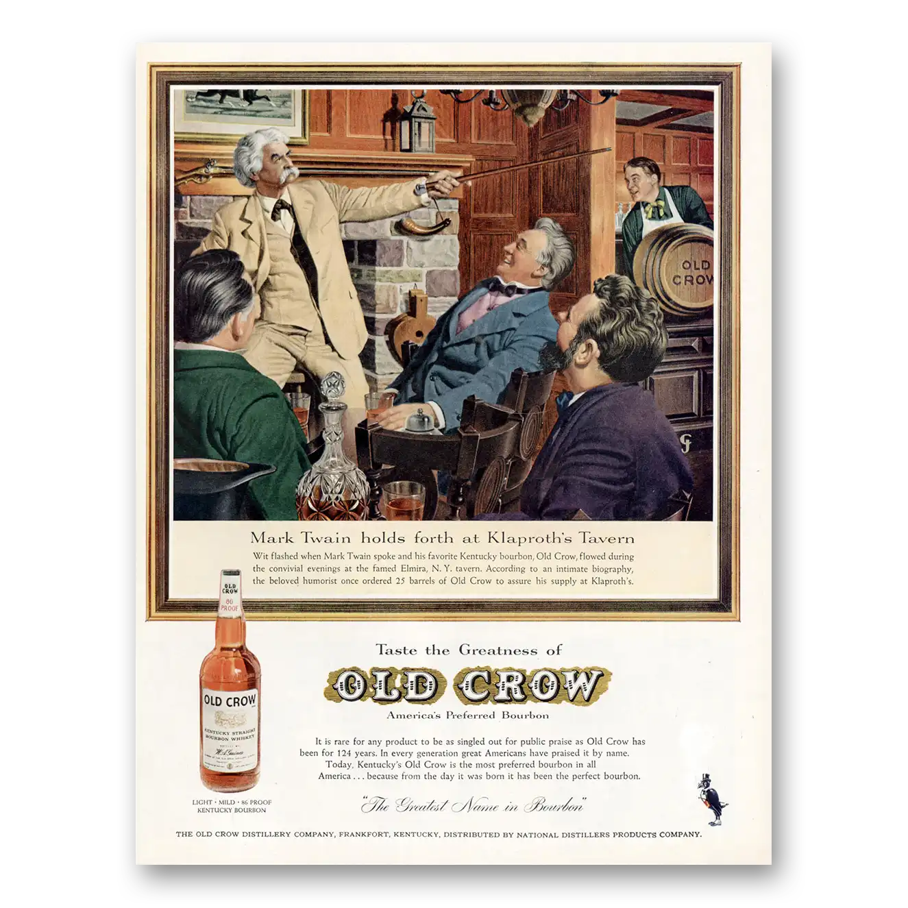 1959 Old Crow Whiskey Mark Twain Klaproths Tavern Vintage Magazine Print Ad