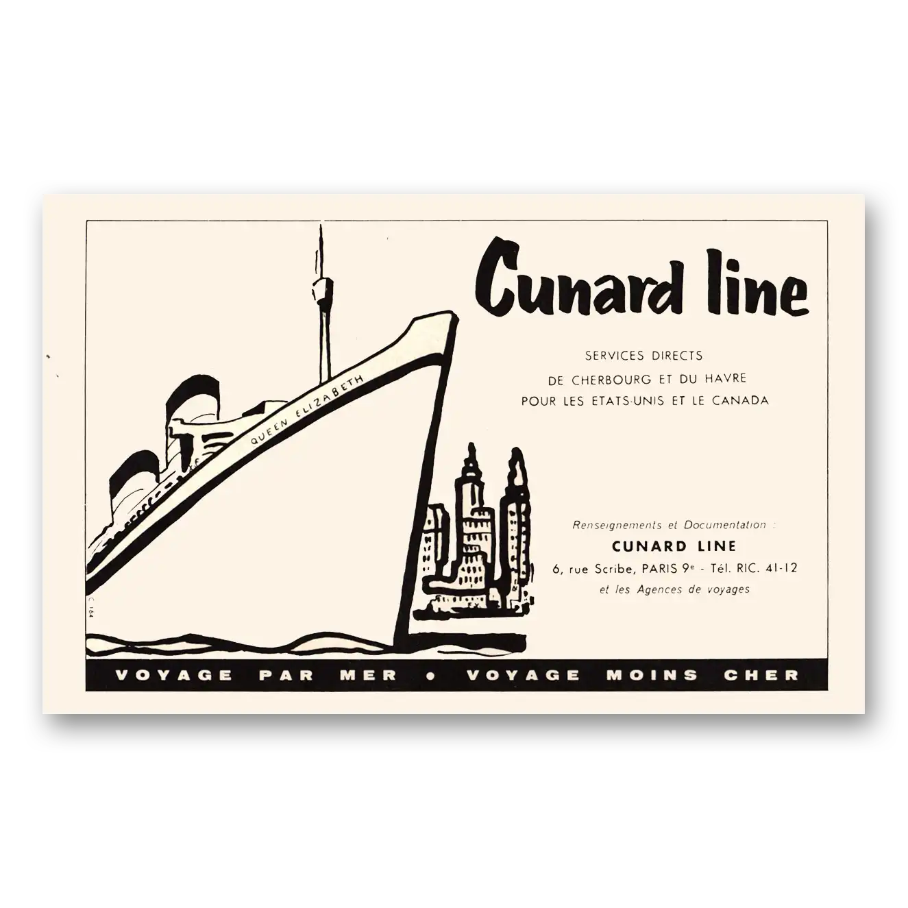 1959 Cunard Voyage Par Mer French Vintage Magazine Print Ad