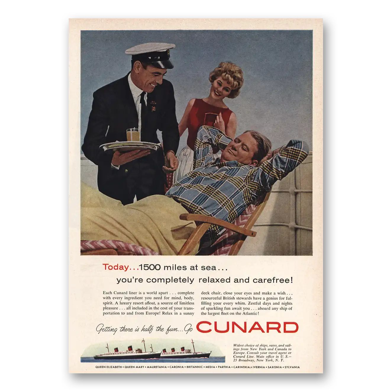 1959 Cunard Completely Relaxed and Carefree Vintage Magazine Print Ad