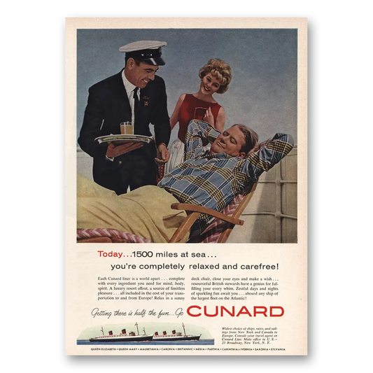 1959 Cunard Completely Relaxed and Carefree Vintage Magazine Print Ad